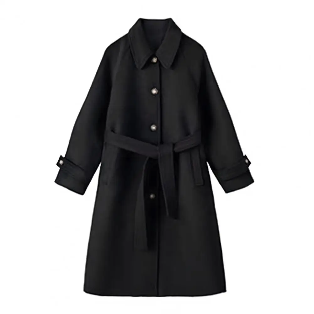 Lapel Button Design Jacket Women Winter Coat Stylish Mid-length Women's Jacket with Belt Turn-down Collar for Fall for Work