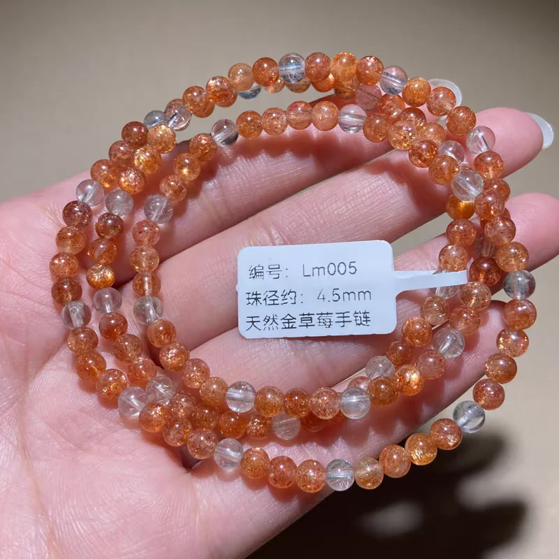 Arusha Natural Orange Strawberry Quartz 3 Laps Sunstone Bracelet 4.5mm Orange Clear Round Beads Crystal Women Men AAAAAA