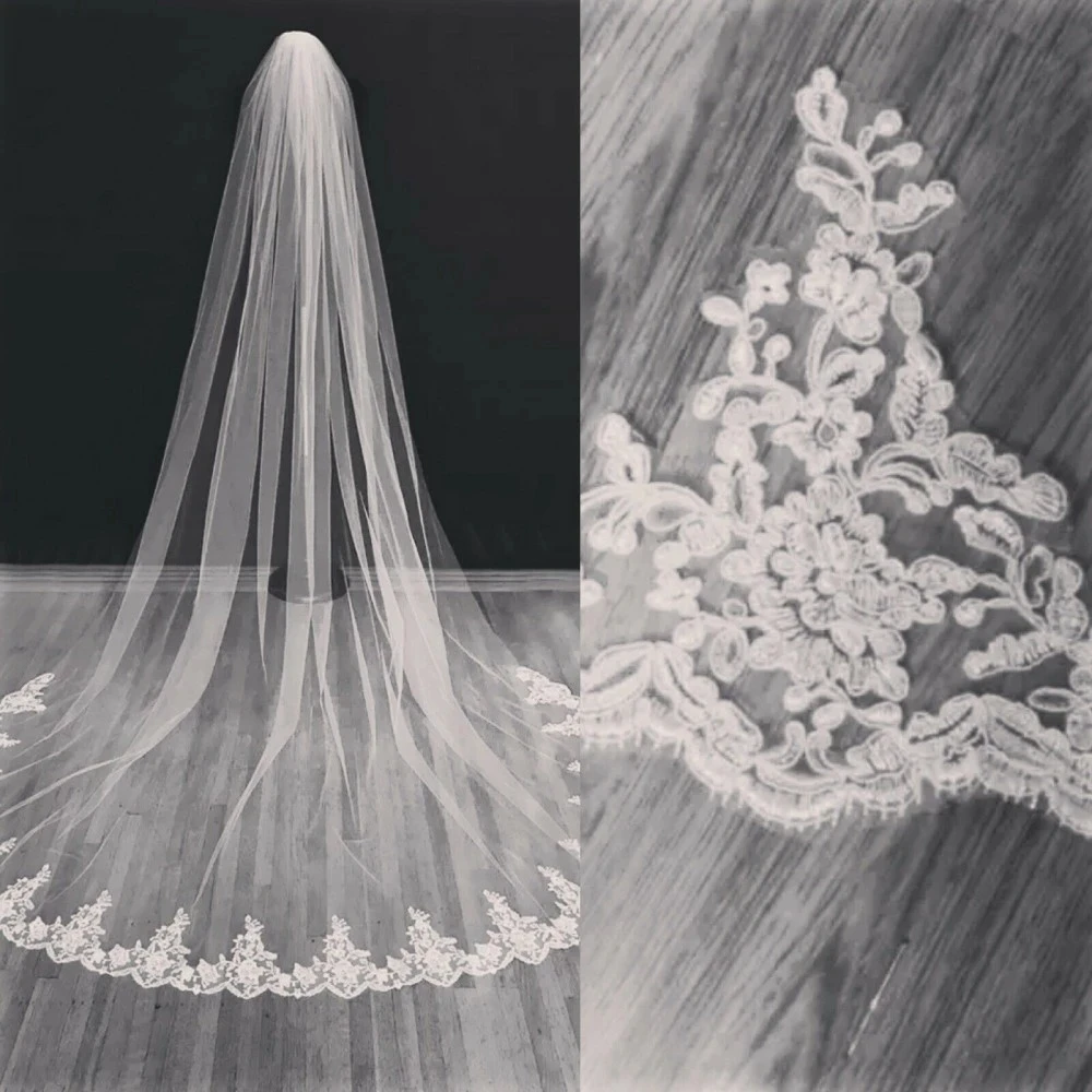 Yxnlqkg 3m branco/marfim casamento véu longo com pente laço mantilla catedral nupcial acessórios do casamento véu veu de noiva