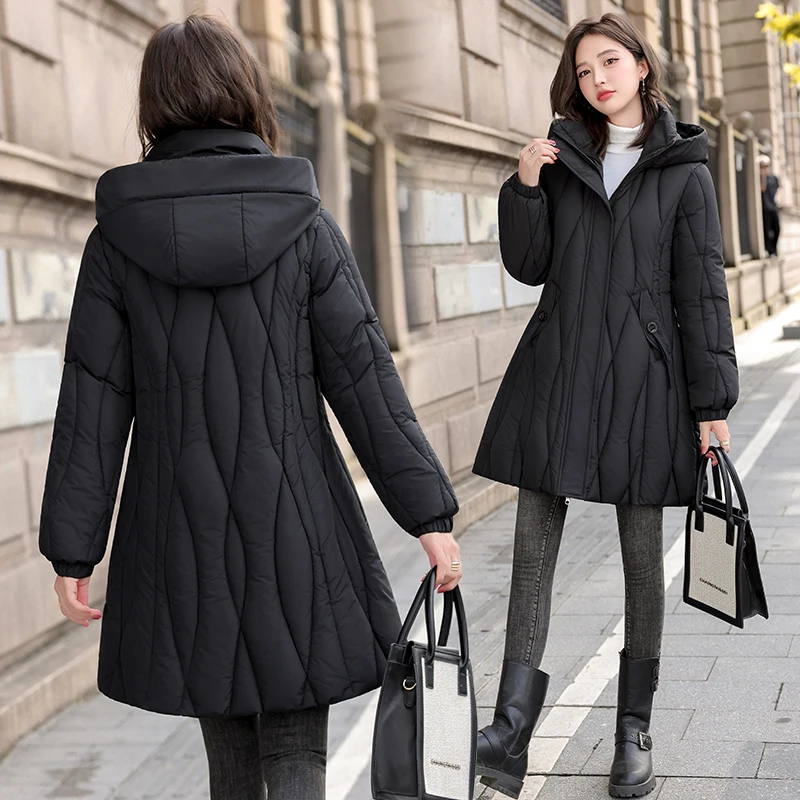 

Winter Thiened down Cotton Jaet Women's Midi Coat Sli Youthful Waist-Cinching Slimming Faionable Hooded Coat
