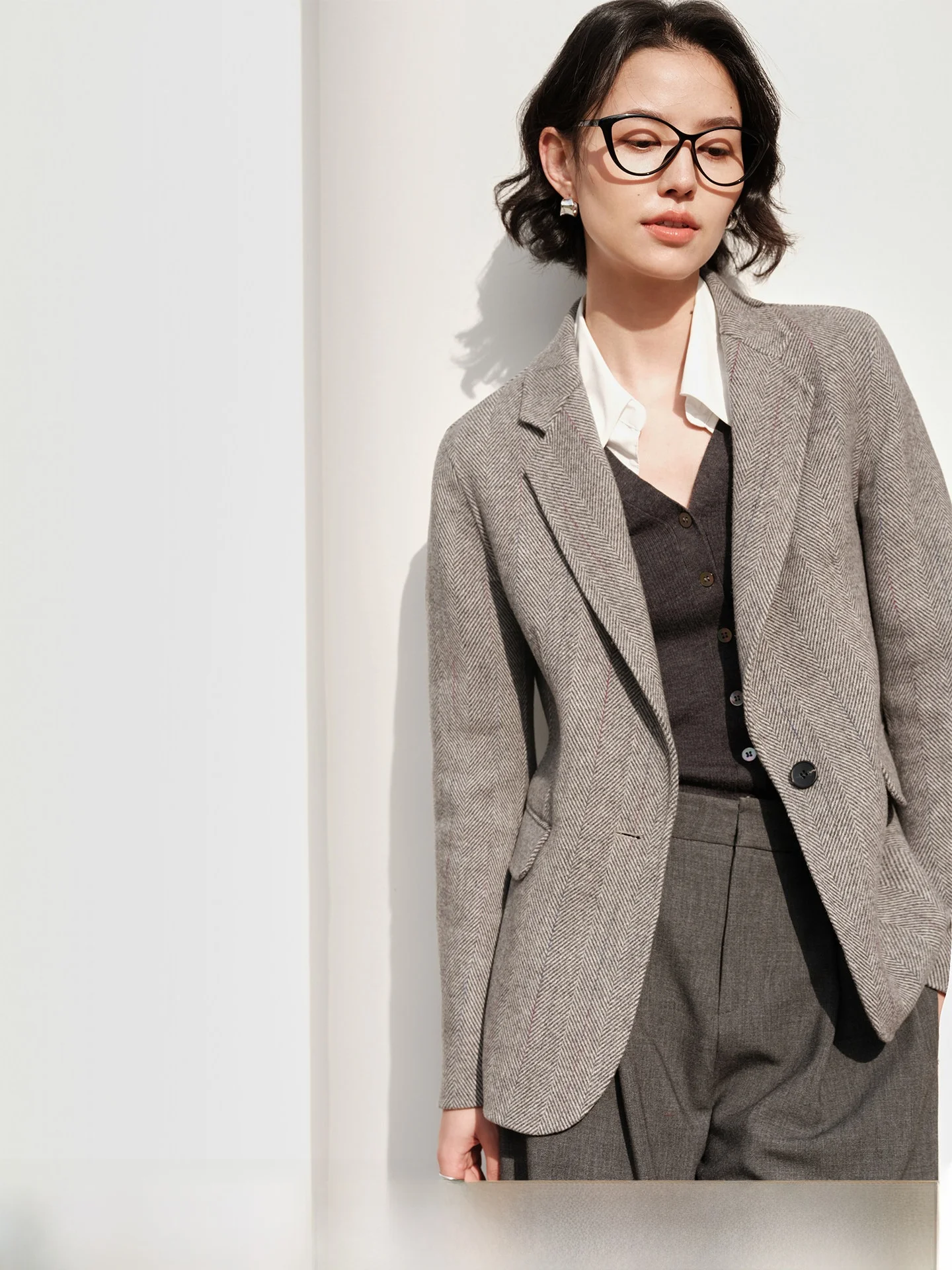 

Chimei Rihai 100% Pure Wool Double-Faced Tweed Light Grey Suit Women's Long Sleeve Formal Wear Flat Collar Patterned