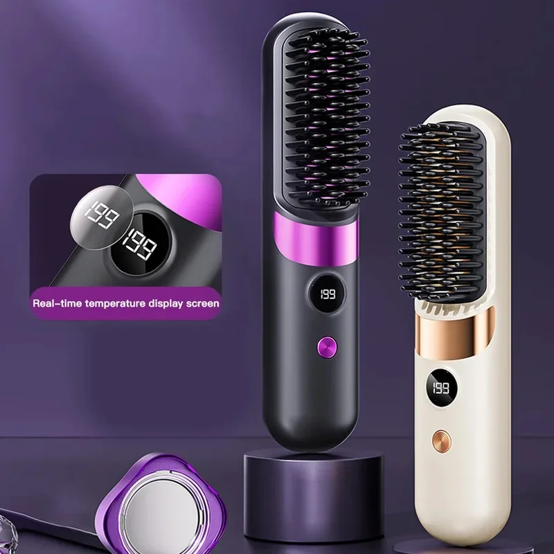 1Pc USB Charging Portable Hair Straightener Brush, Cordless Straightening Comb LED Display & Ceramic Coating, Ionic Technology - view 5