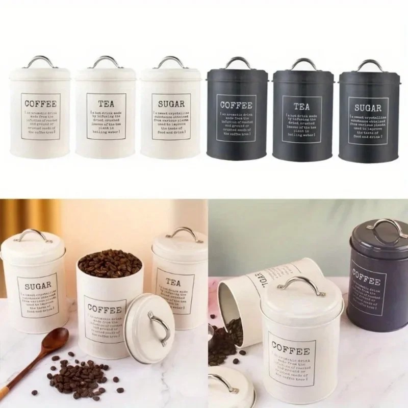 

3Pcs Coffee Sugar Container Sets Decor Lid Metal Tea Coffee Sugar Storage Jars Canister Pot Kitchen Container