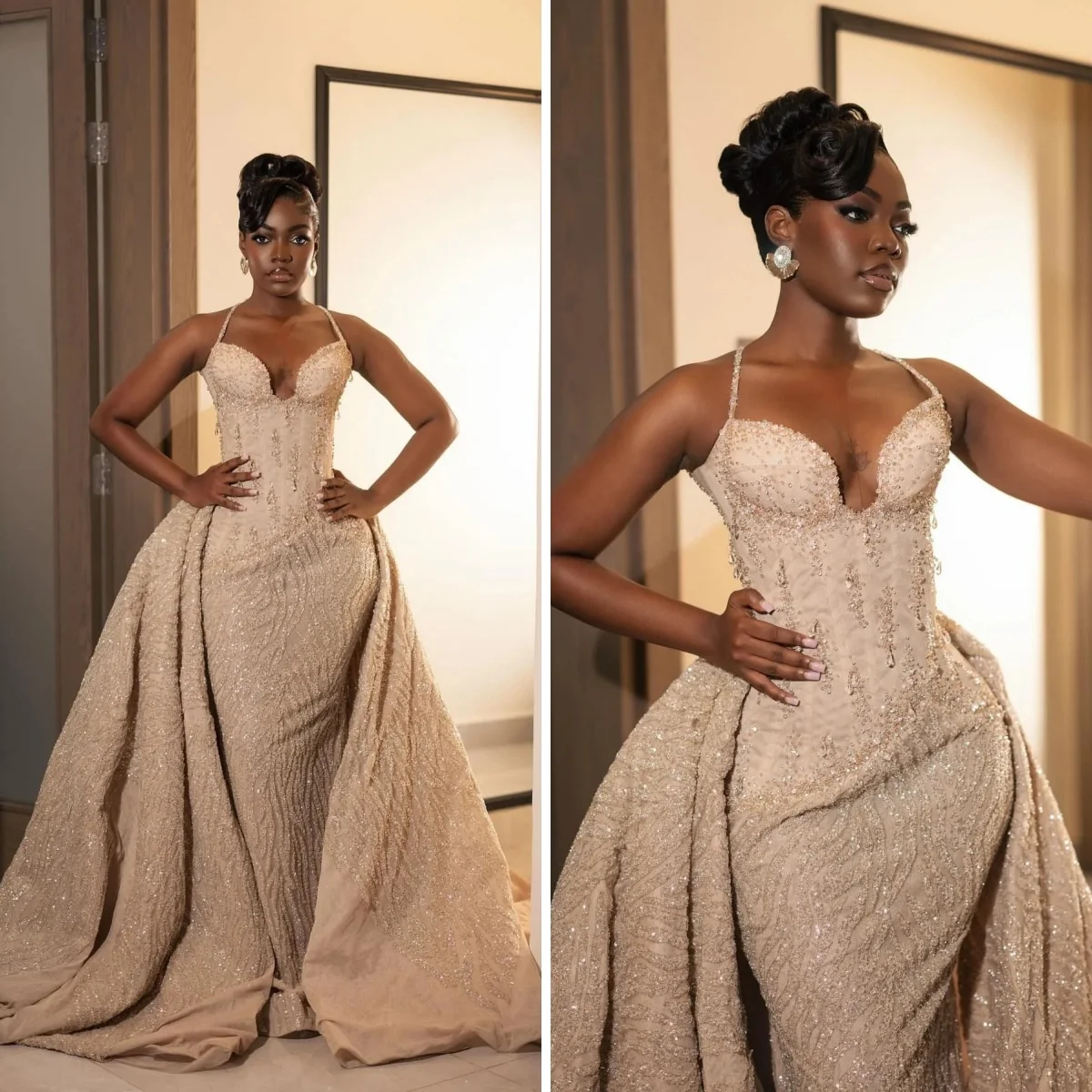 Vintage Wedding Dresses Halter Appliques Removable Train Mermaid Formal Bridal Gowns Sleeveless vestidos de cerimônia Customized