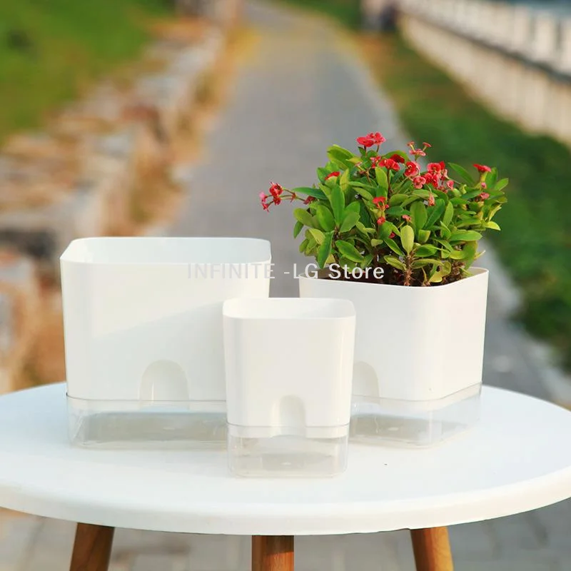 White Self Watering Plant Pot Square Double Layer Flowerpot For Home Indoor And Outdoor Balcony Garden Plants Decor Flowerpot