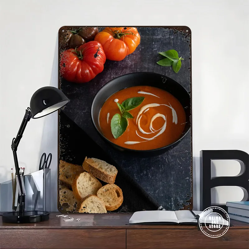 Tomato and Basil Soup 3D Texture Printed Poster Custom Vintage Metal Tin Plate Sign for Wall Art Home Decoration Ornaments House