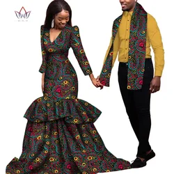 Dashiki africano estampado pareja amantes ropa hombres camisas bufanda conjunto y mujeres vestido de manga larga vestidos de fiesta de boda WYQ849