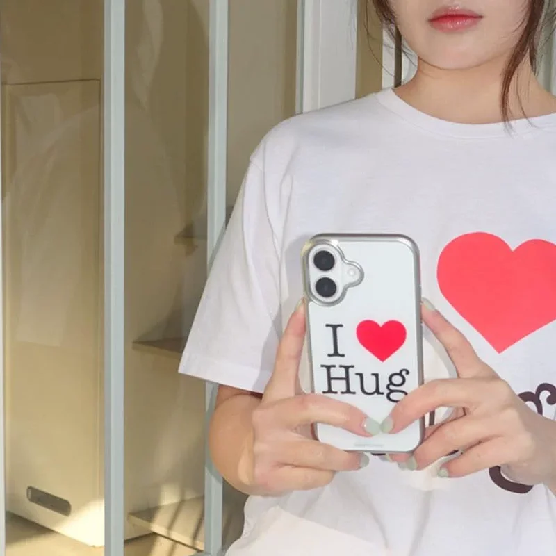 Korean Ins Niche I Love Hug Love Letter Print Phone Case For iPhone 17 AIR 16 15 14 13 12 11 PRO MAX PLUS Anti Drop Y2K Cover