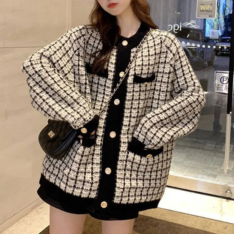 Stylish Plaid Patchwork Knitted Cardigan Female Clothing Commute O-Neck Single-breasted Autumn Winter Pockets Korean Sweaters