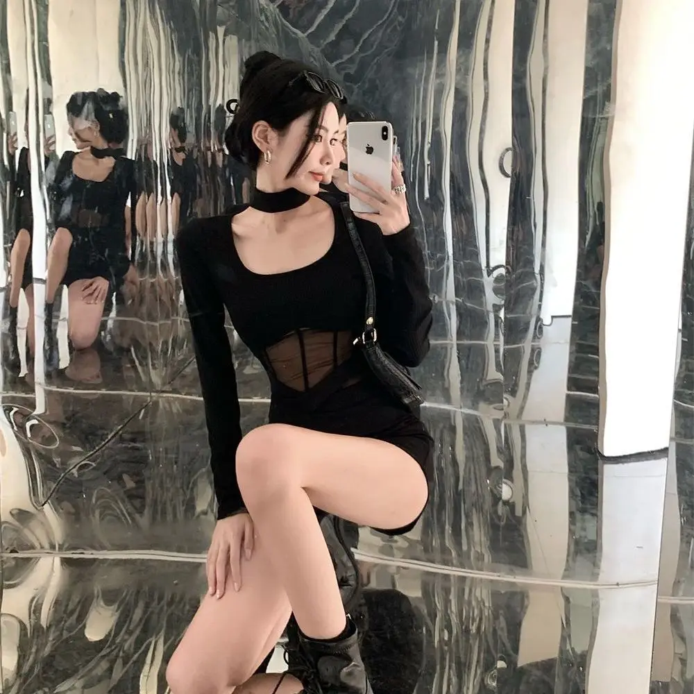 Pure Color Long Sleeve Women's T-Shirt Tight Fit Square Collar Mesh One-Piece Top Cross-Border Southeast Asia Style