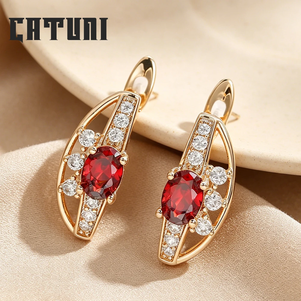 Luxurious Semi-Circular Red Colored Diamond Earrings Elegant Drooping Earrings For Women Sophisticated And Fashionable Jewelry