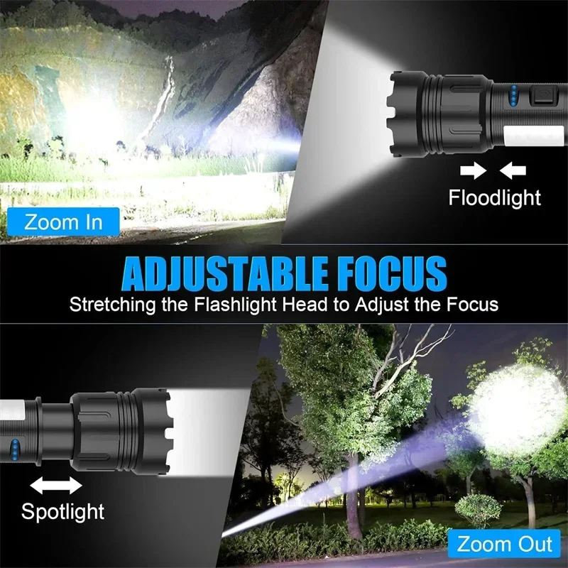 High Power Led Flashlights 990000000LM Ultra Powerful Flashlight COB Zoomable Dual Light Source Rechargeable Torch For Camping