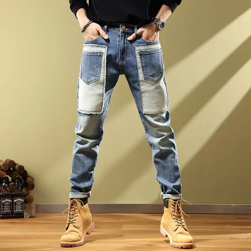 

Men Jeans Autumn and Winter New Style Retro Splicing Trendy Brand Nostalgic Motorcycle Straight Slim Fit Pants