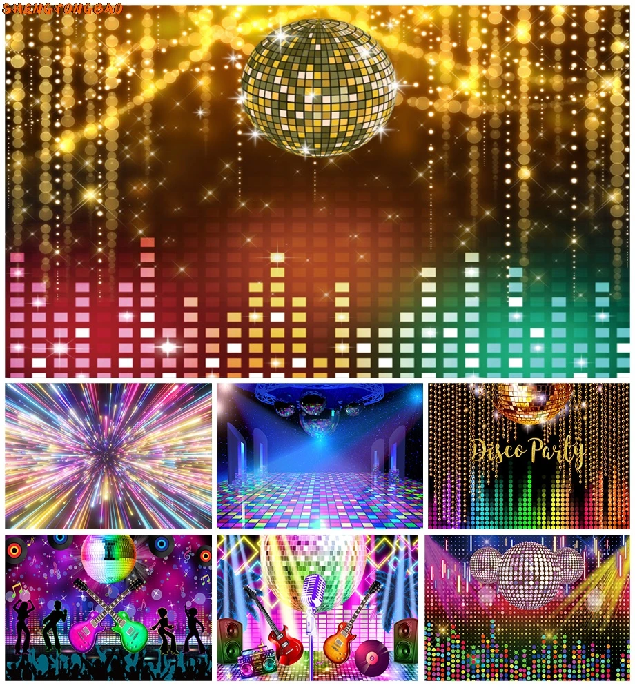 Glitter Disco Stage Photography Backdrop 80's 90's Hip Hop Music Dance Neon Disco Shiny Spotlight Adult Party Photo Background