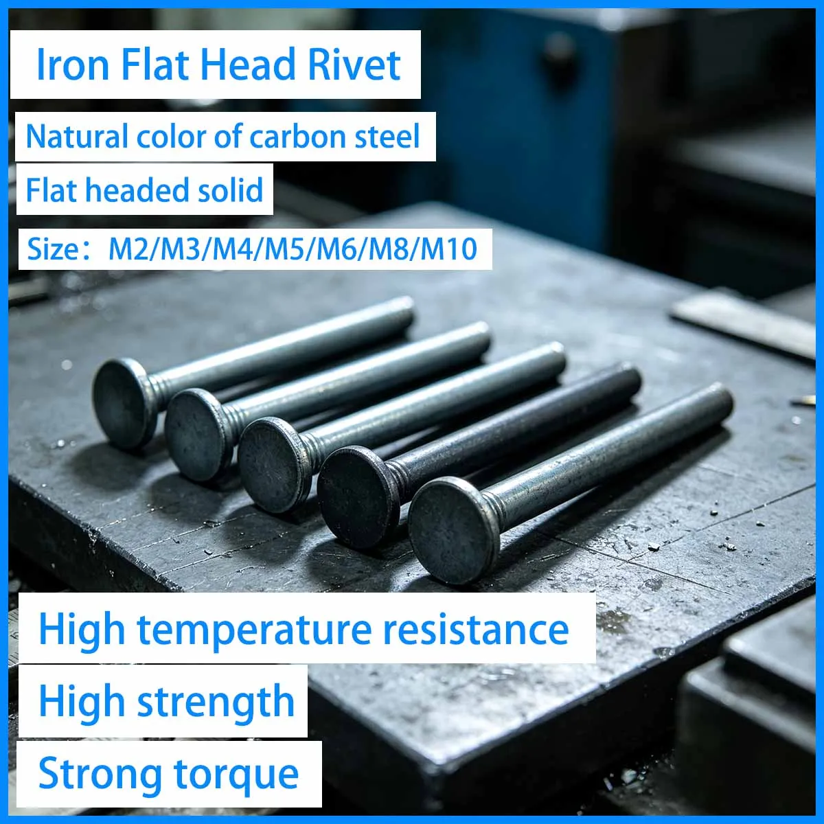 Iron Flat Head Rivet M2 M3 M4 M5 M6 M8 M10 Diameter Size Solid Percussion Fasteners Round Type GB109 Standard
