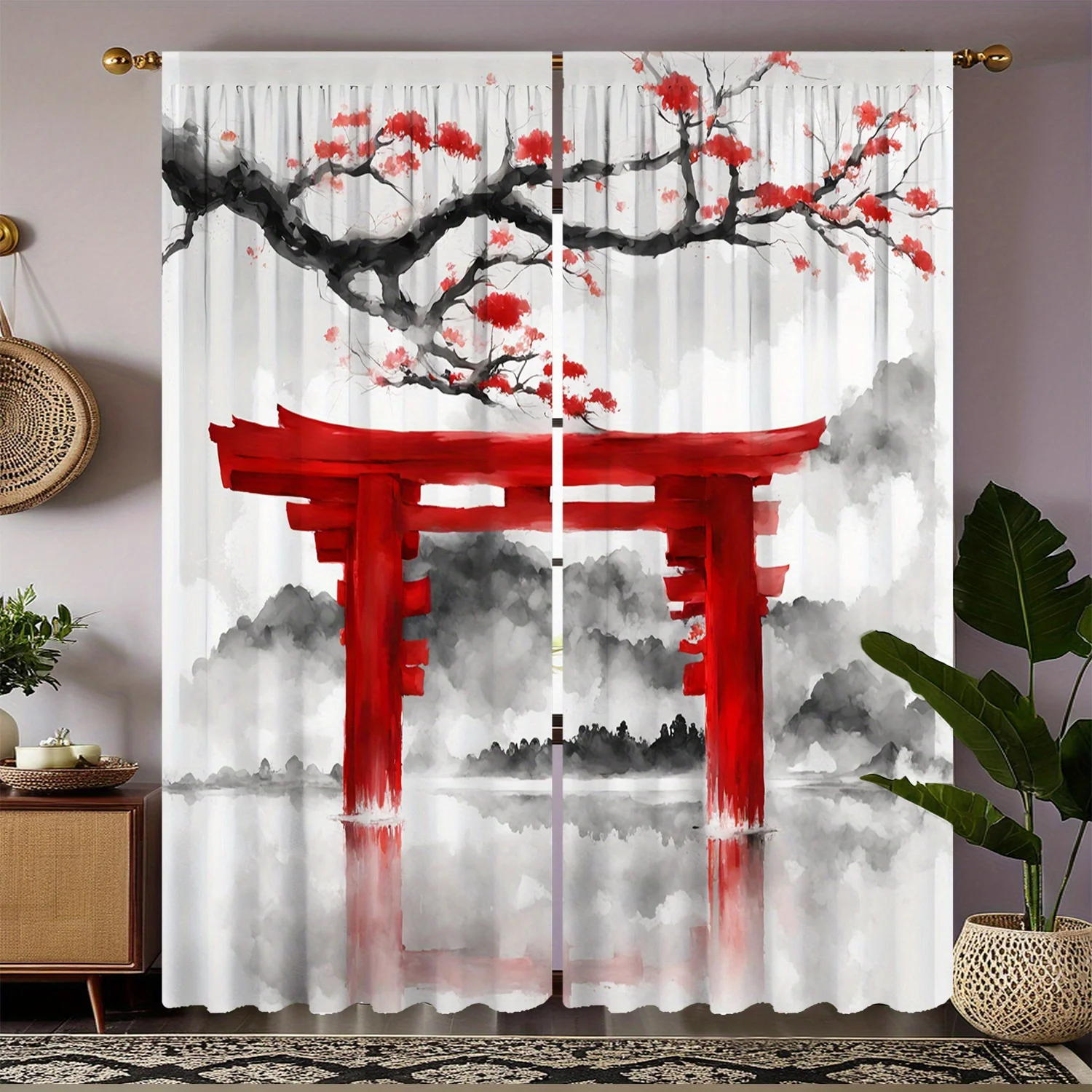 

2pc Red Torii gate and cherry blossom black and white gray curtains, polyester fabric, suitable for bedroom living room