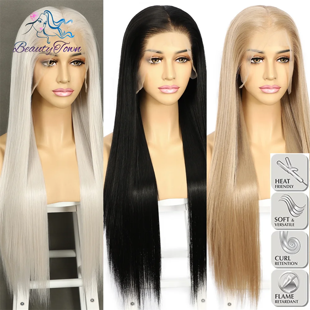 Summer 30\'\' 13x6 Bone Straight Synthetic Woman Wigs HD Transparent Lace Wig Prepluck Daily Wear Futura Heat Resistant Fiber Made