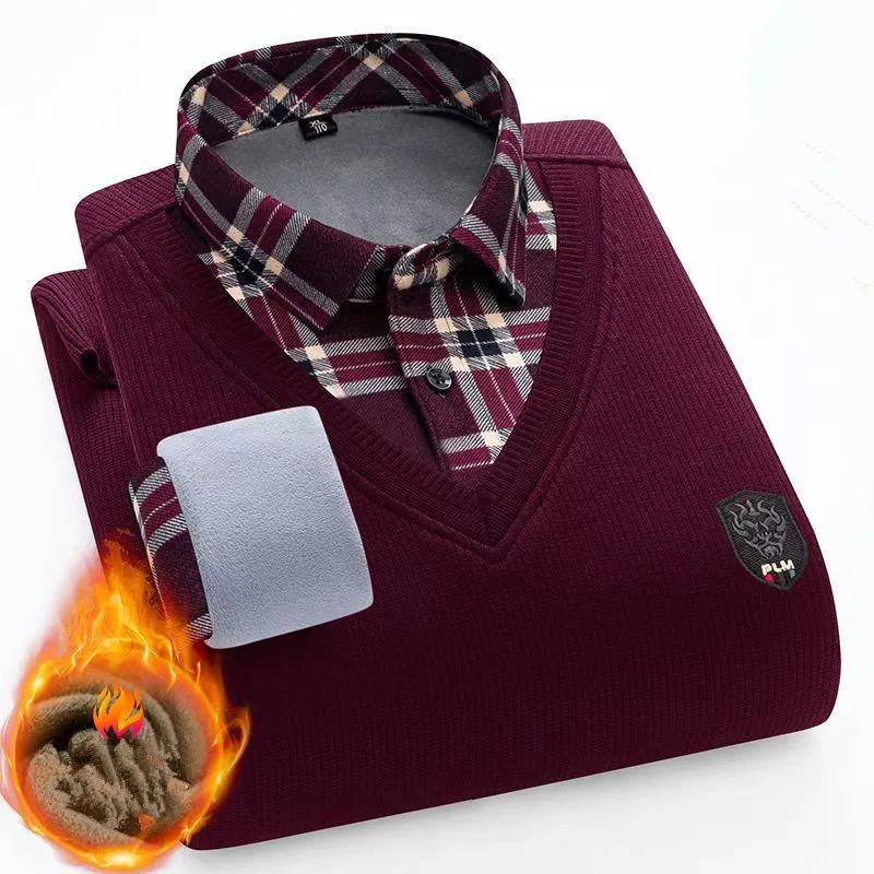 2025 Winter and autumn fleece-lined warm pullover men's fashionable, individualistic, slim-fit business-style sweater L-4XL