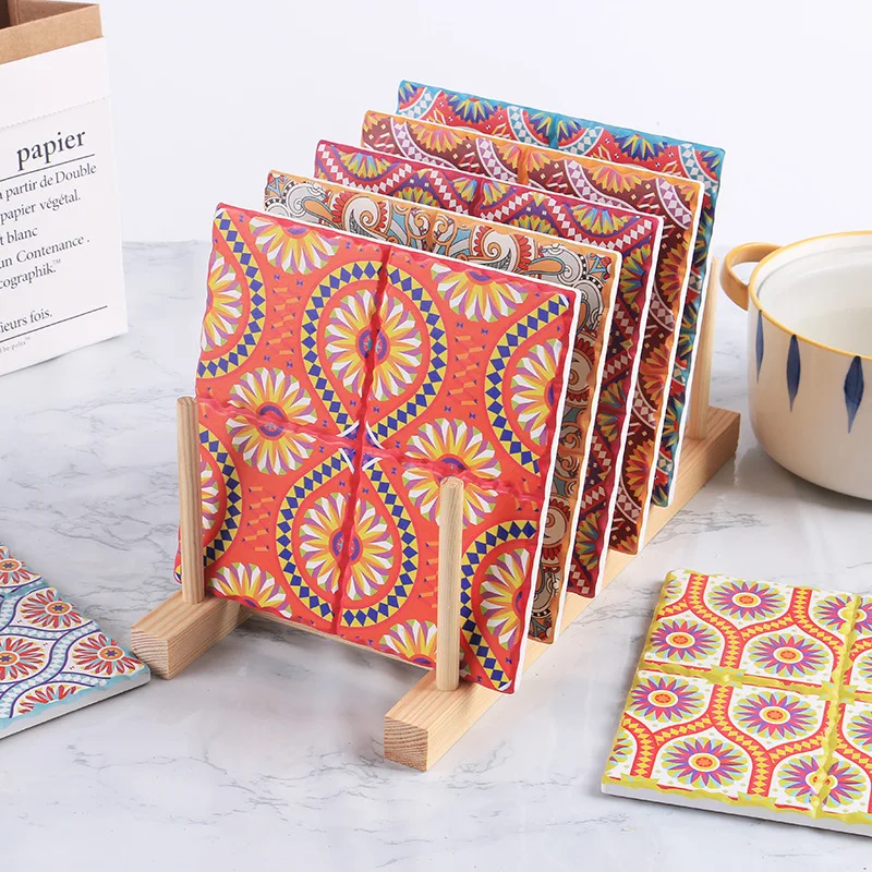 

4pcs American Mandala Patterned Ceramic Placemat 6.3inch Household Square Cork Base Kitchen Insulation Decoration Mat