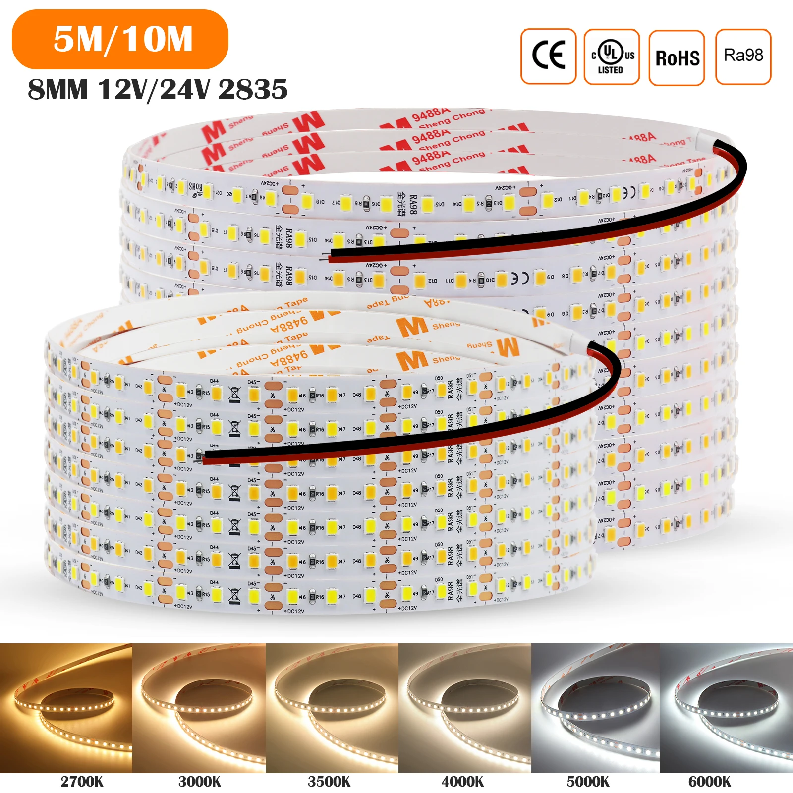 

Светодиодная лента DC12V 24V RA98 для дома 5M 10M 2835 120LEDs/m Гибкая лента 2700K 3000K 3500K 4000K 5000K 6000K IP20 Светодиодная лента