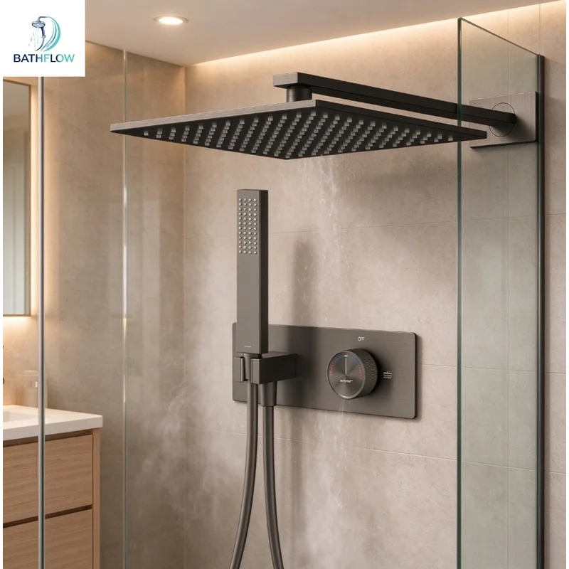 Luxury Gun Gray Brass Wall Mounted Shower System, Embedded Bathroom Faucet with One-Click Dual Control for Hot and Cold Water