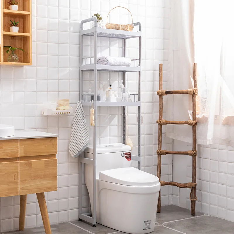 A three-level set of storage racks, shelves, space saving bathroom, toilet, garage storage racks for storing toiletries, towels