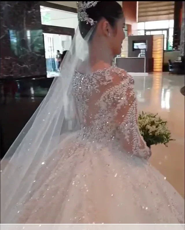 Vestido de novia de encaje personalizado para mujer, elegante vestido de fiesta con cuentas, manga larga, cola transparente