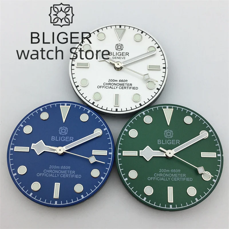 BLIGER-Dial de 29mm, puntero de cinta, color negro, gris, verde, azul y blanco, ajuste luminoso verde, NH35, NH36, ETA2824, PT5000, Miyota DG,