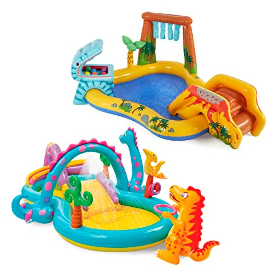 

Dinoland Play Center Kiddie Inflatable Pool and Dinosaur Water Splash Swimming Pool with Water Sprayers, Waterfalls, Slides, an