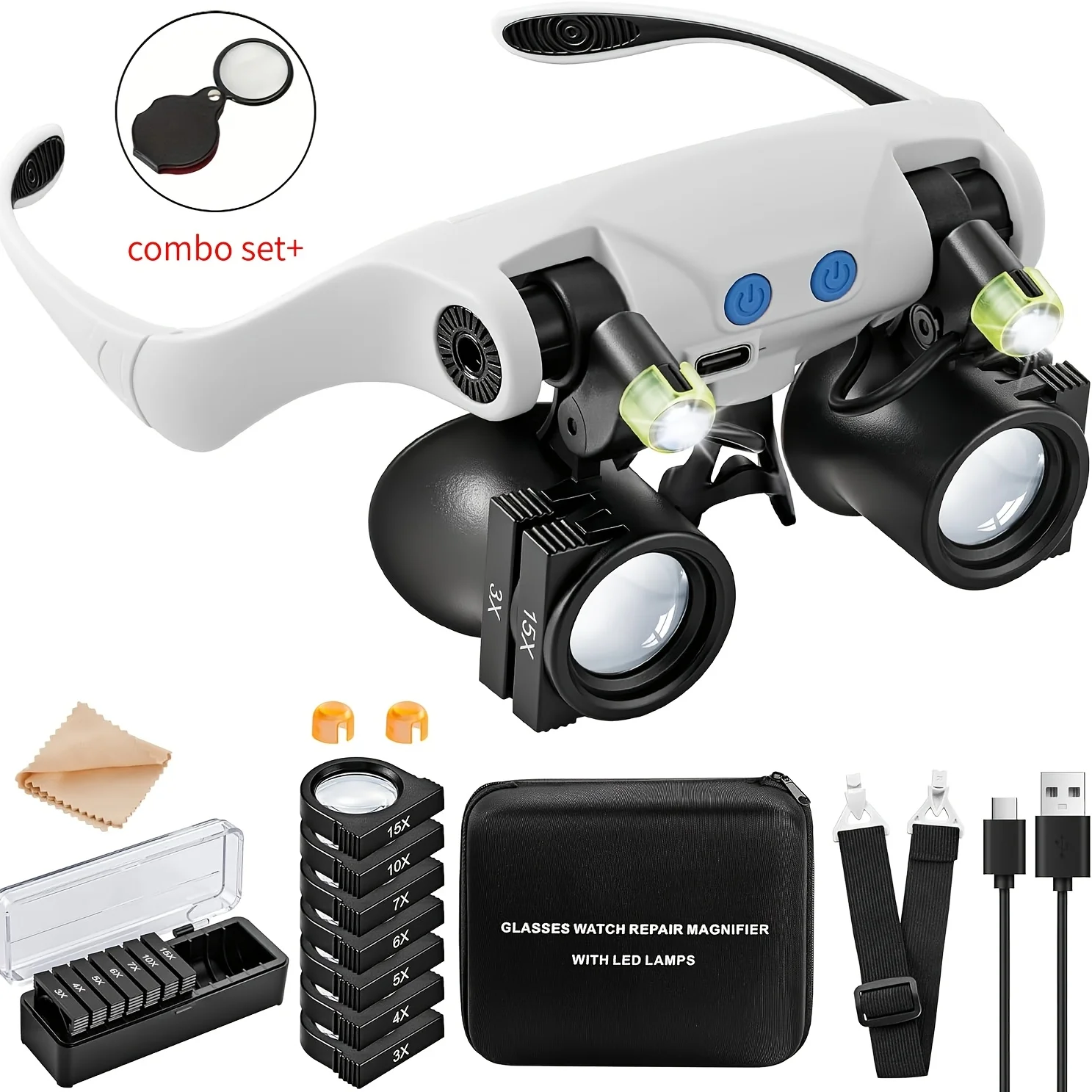 Head-mounted LED Magnifying Glasses+ Mini Folding Magnifier (2-Pack) With Storage Case And Interchangeable Lenses Of 3X4X5X6X7X10X15X. Ideal For Close-up Work, Watch Repair, Circuit Board Soldering, Hand Engraving, And Jewelry Identification.