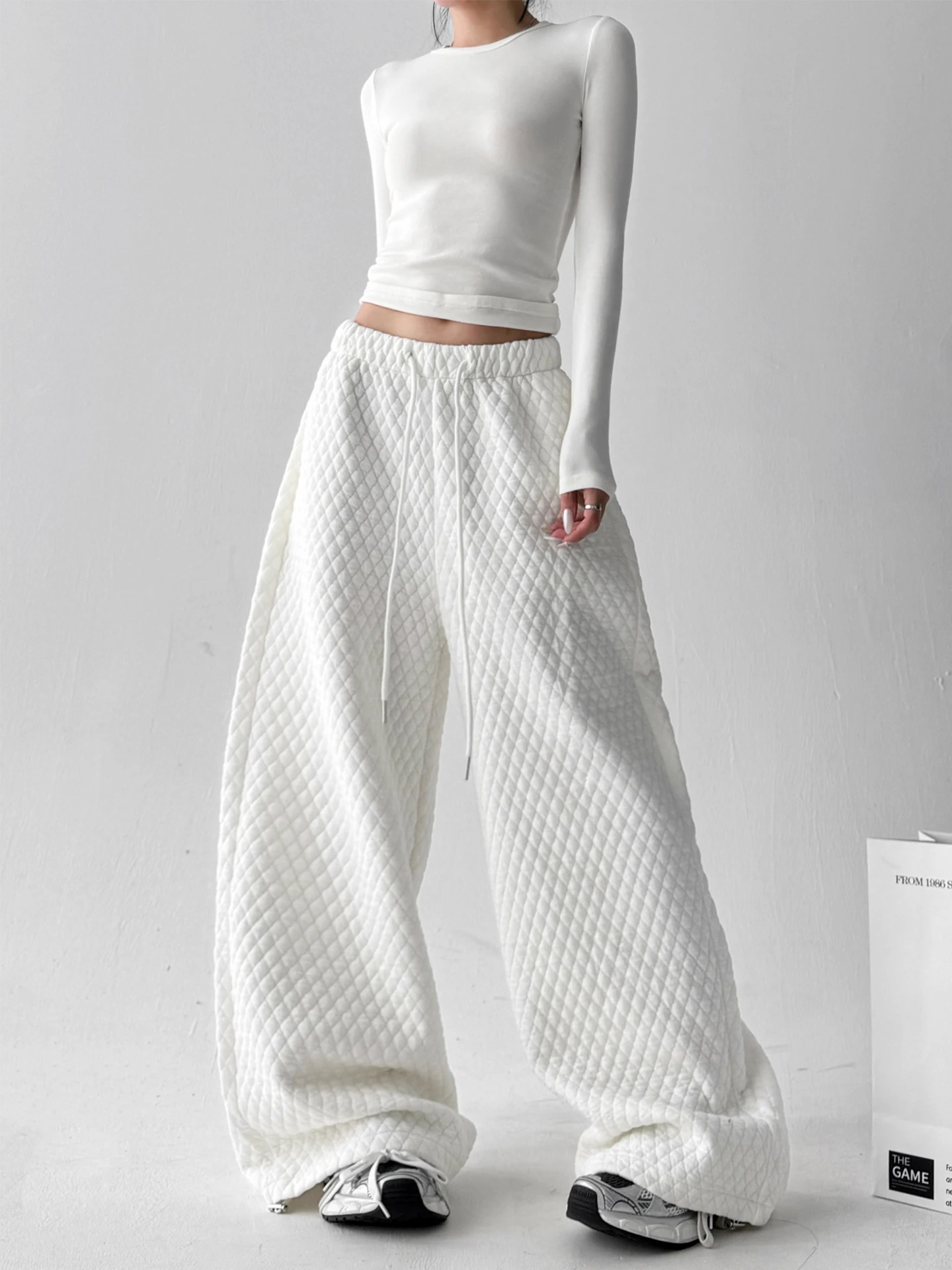 Thiened Fce Wide Leg Pants Women's Winter Casual Straight Long Pants Diamond Pattern Cotton l Waist Lantern Pants