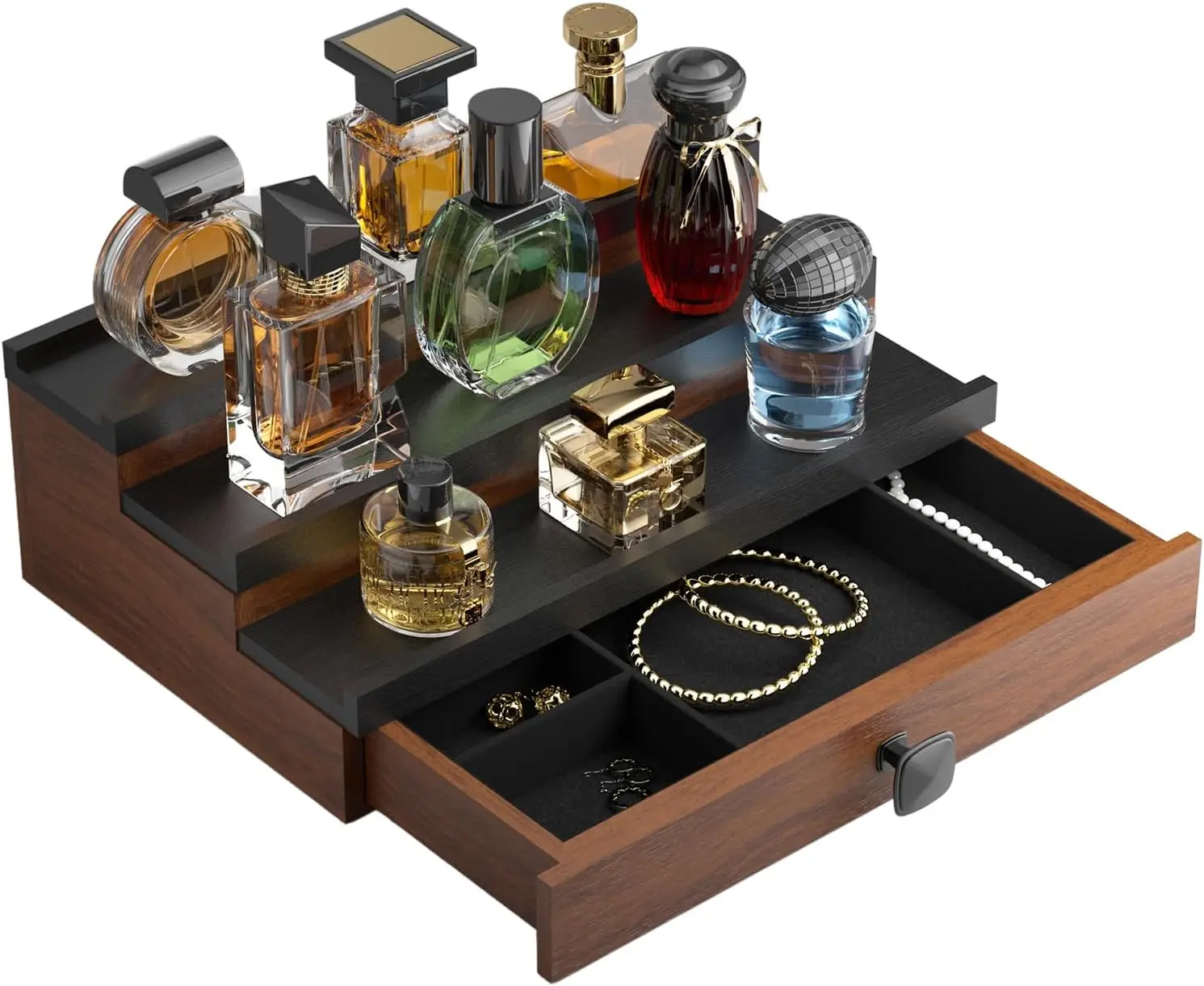 

Деревянный трехъярусный органайзер для одеколов с выдвижным ящиком, полкой для хранения духов и лосьона для спальни или комода