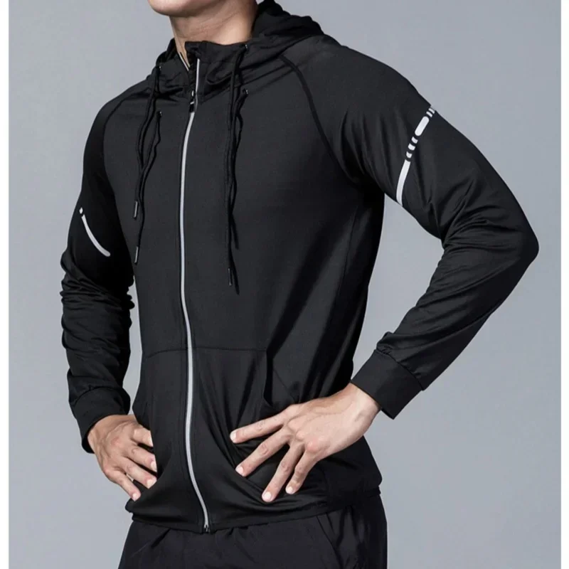 Four Seasons Jacket Zip Up Hooded Sports Jacket Reflective Strip Breathable Workout Running Training Coat
