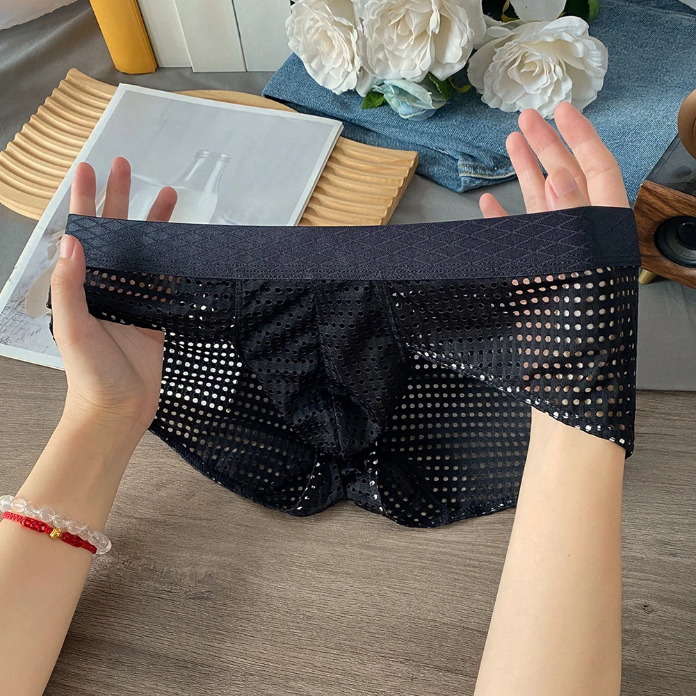 Mens Hollow Mesh Briefs Breathable Low Waist Wide Belt Underpants Quick Drying Nylon Spandex Solid Color Men Underwear