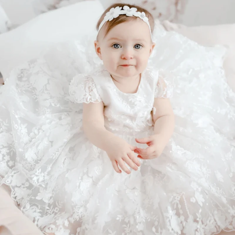 White Baby Dresses Flower Girl Dresses Tulle Flory Pattern Short Sleeve For Wedding Birthday Party First Communion Gown