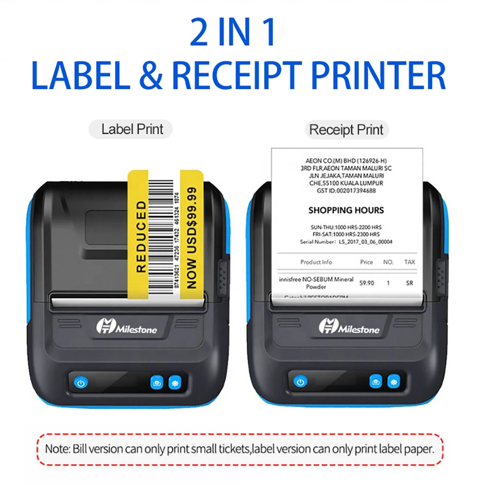 Milestone Mini Portable Receipt Printer 80MM Thermal Printer Wireless Self-Adhesive Sticker Label Maker Pocket Mobile Printer