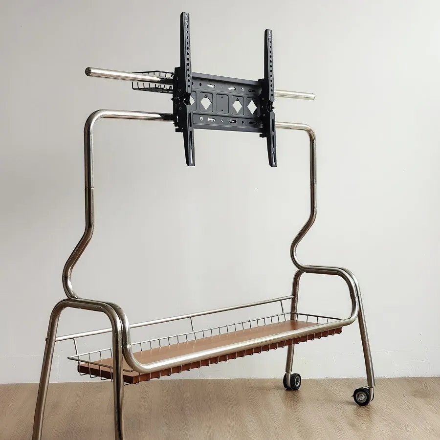 Small apartment medium and ancient style 3 stainless steel mobile TV rack adaptation, TV pulley can be moved
