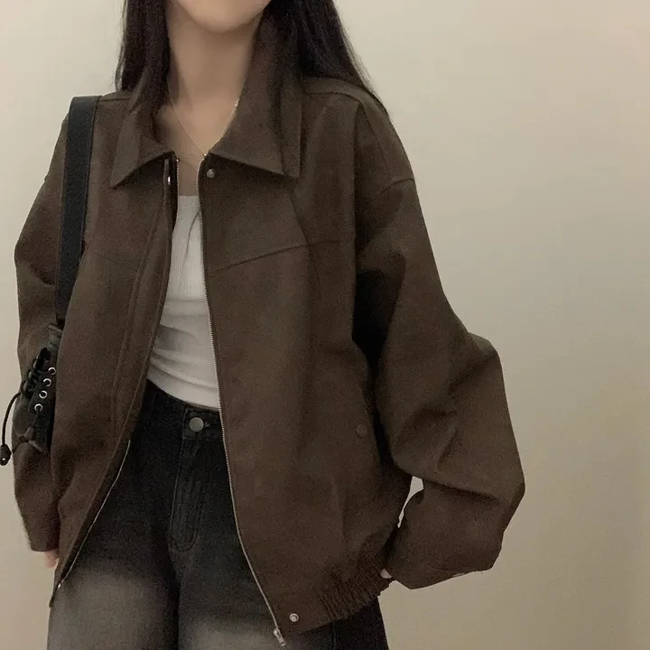 Chique Vintage ort Rits Leer Jaet Dames Faionable Design Katoen Warm Straight Cut ort Jas Herfst Anti-Aging