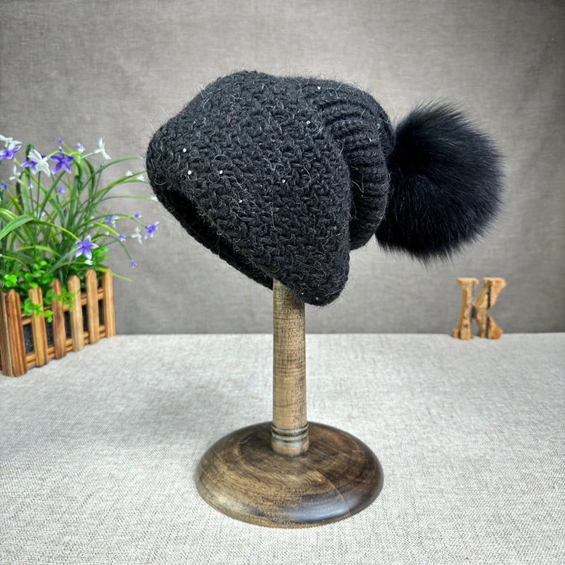 2024 High end big head circumference, small face, rabbit hair sequin knitted hat fox fur ball warm and loose stacking hat