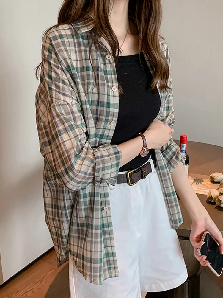 Lightweight Breathable Plaid Sun Protection Shirt Women's Summer New Style Strap Outerwear Shirt Spring Autumn Cardigan Coat