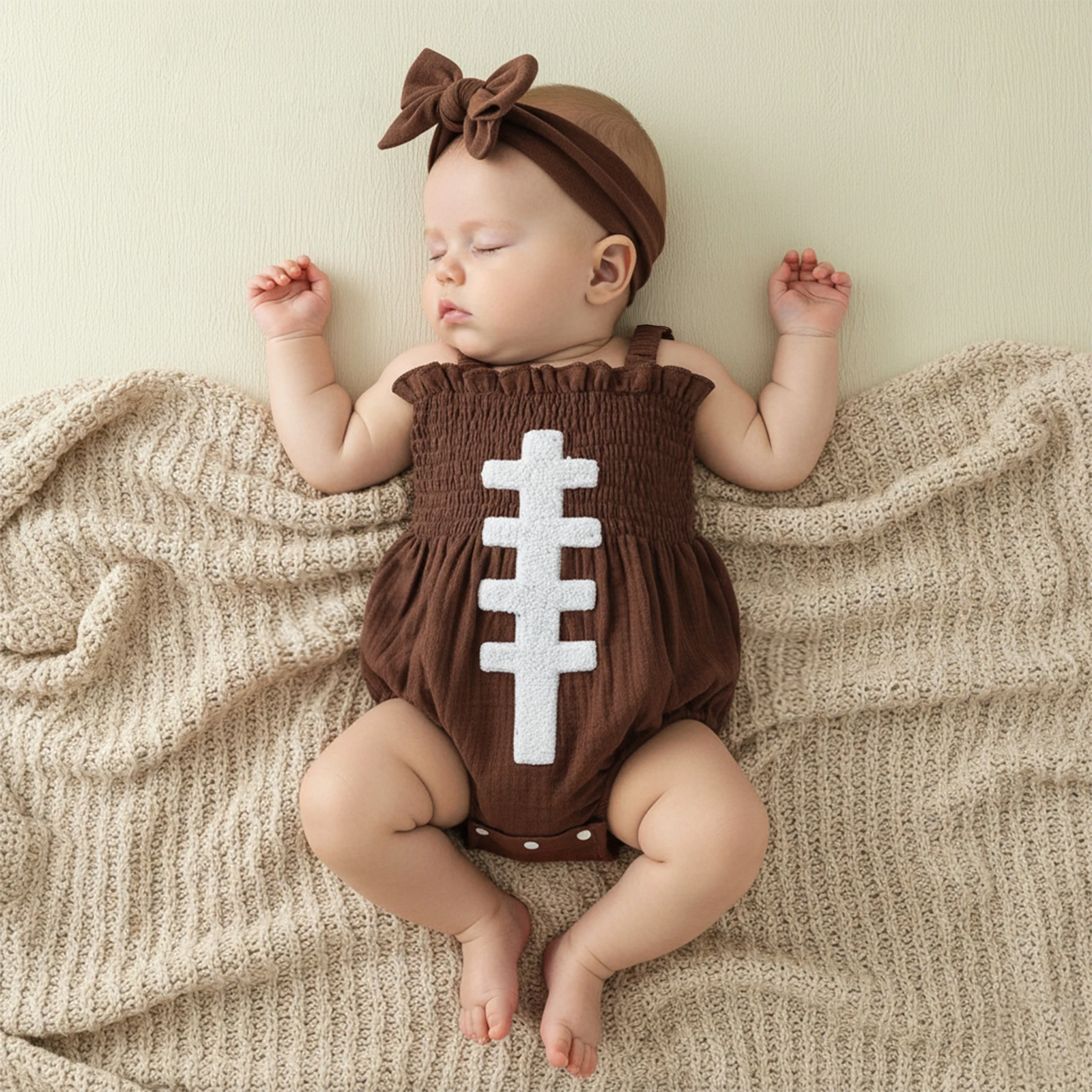 Infant Baby Girl Smocked Romper Fashionable Rugby Embroidery Sleeveless Strap Bodysuit with Headband