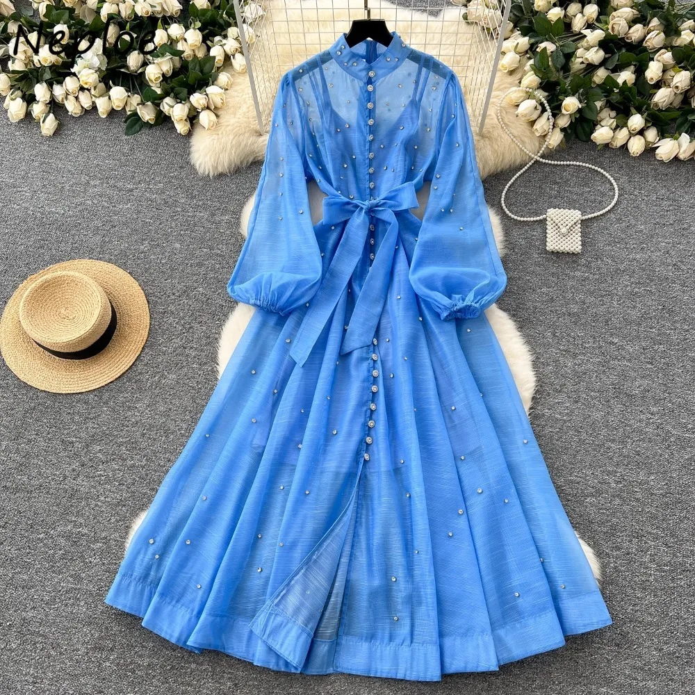

Neploe Fairy Celebrity French Style Luxury Women Mujer Heavy Diamonds Beading Lace Up Slim Waist Dress Elegant Ball Gown Robe