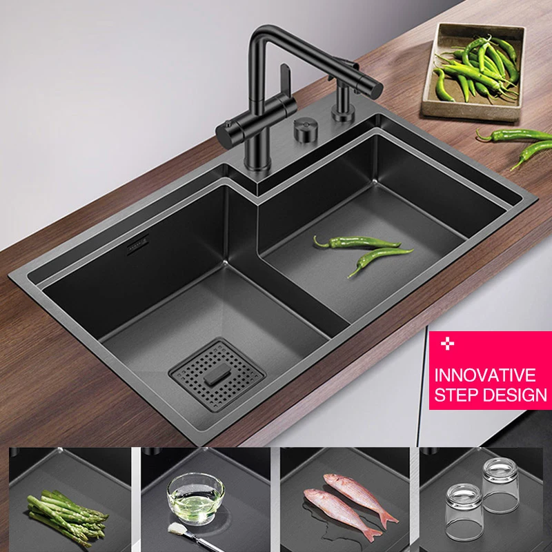 ASRAS Luxury Stepped Nanometer Sink 304 Stainless Steel 4mm Thickness 220mm Depth Large Size Handmade Stepped Kitchen Sinks