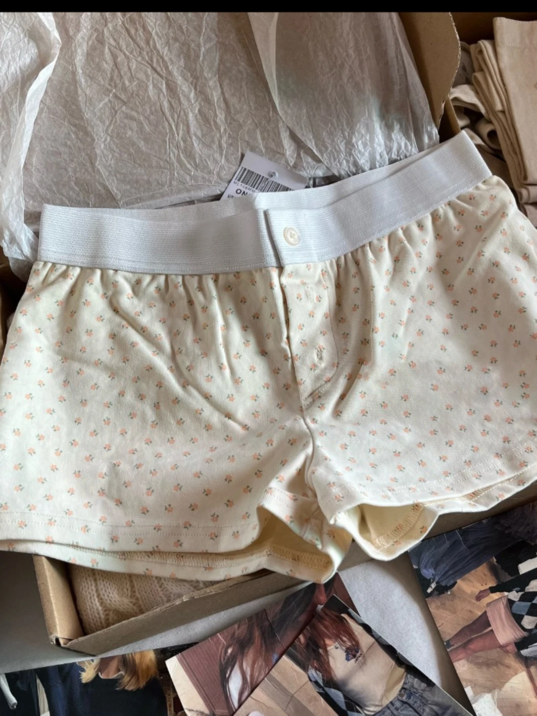 

Orange Floral Beige Cotton Shorts Woman Elastic Waist Patchwork Three Buttons Straight Short Pant Cute Home Pants Underwear