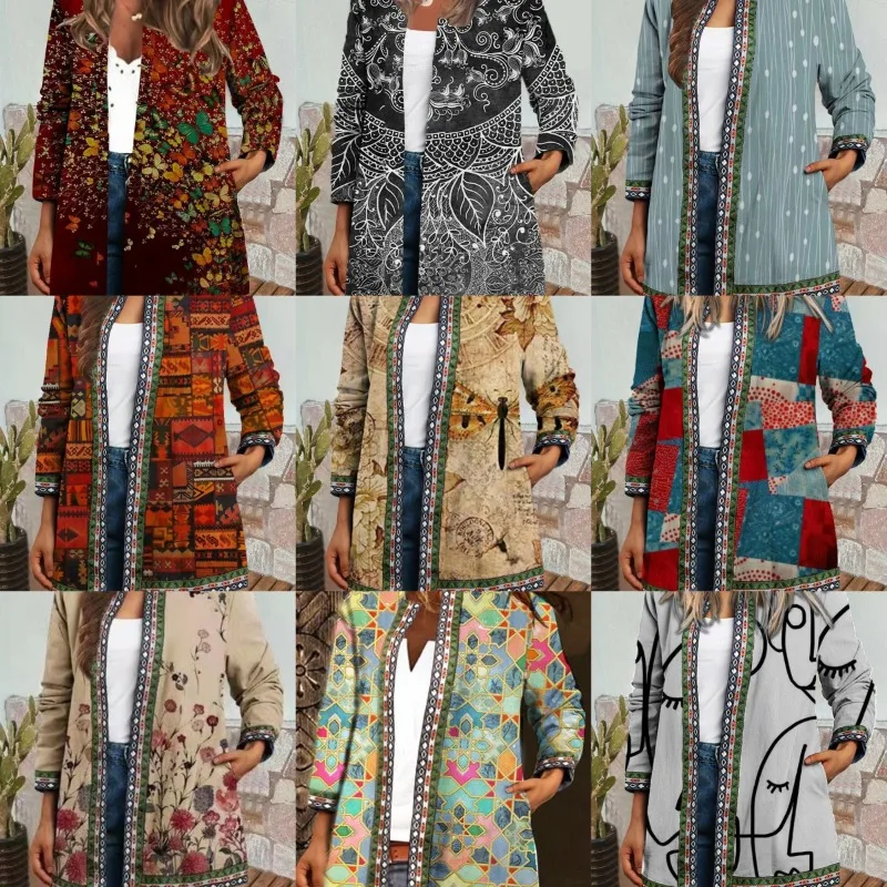 

Полихромные топы, весенне-осенний женский кардиган с принтом, куртка средней длины, пальто, новое пальто большого размера в этническом стиле в стиле ретро 3xl