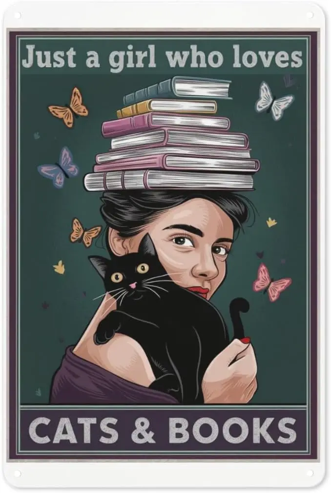 Bookish Cat Lady Tin Sign 8X12IN Cozy Metal Wall Art for Library, Reading Nook & Cat Cafe Decor sign