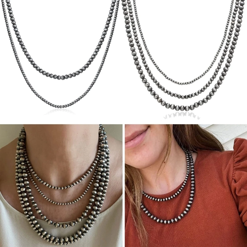 Q0KE Vintage Navajo Pearl Layered Simple Grey-Pearl Beads Necklace Fashion Women Clavicle Chain Western Cowgirl Jewelry