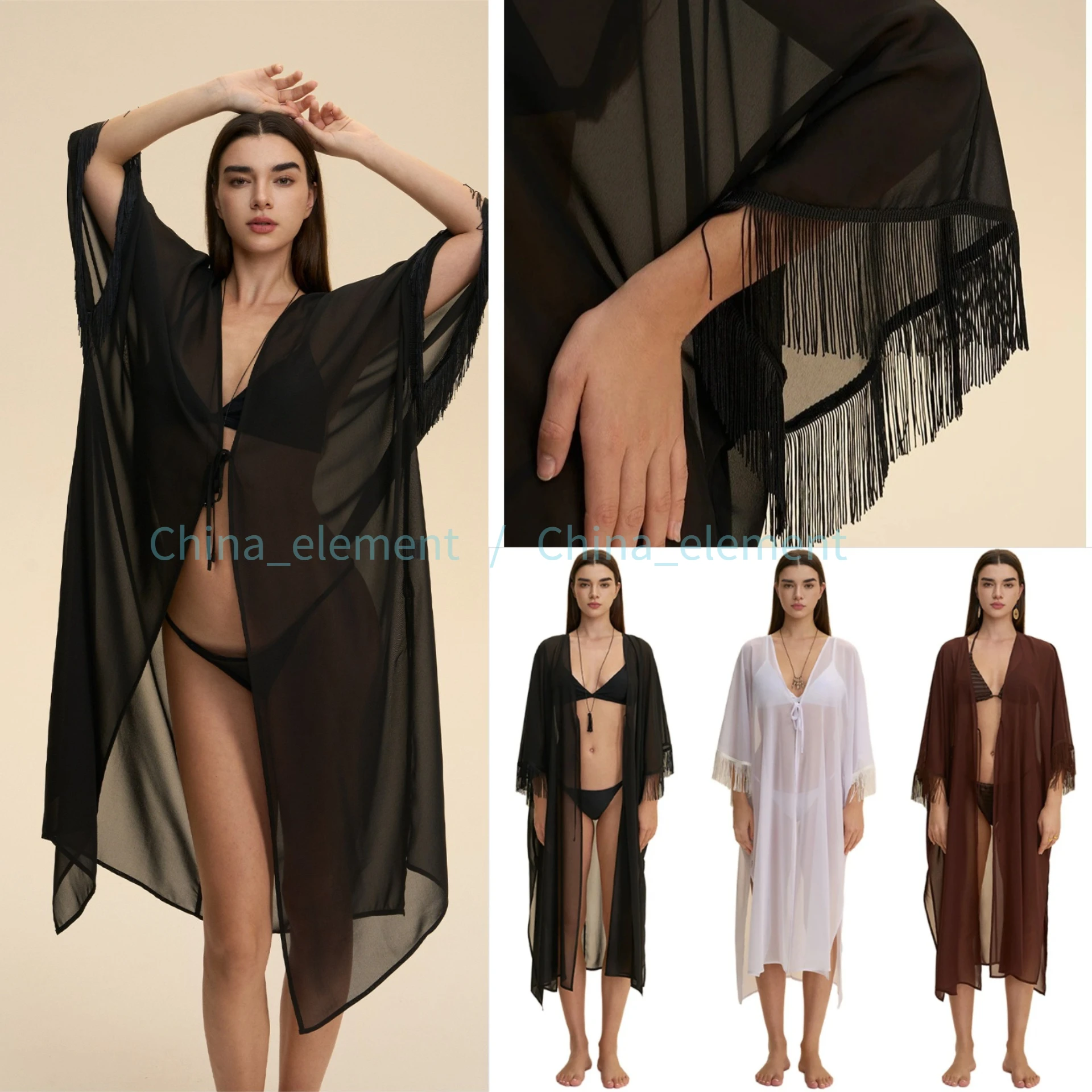 

Сексуальный шифоновый халат с бахромой, свободный кимоно-кардиган, пеньюар, соблазнительная прозрачная ночная сорочка, одежда для сна и дома