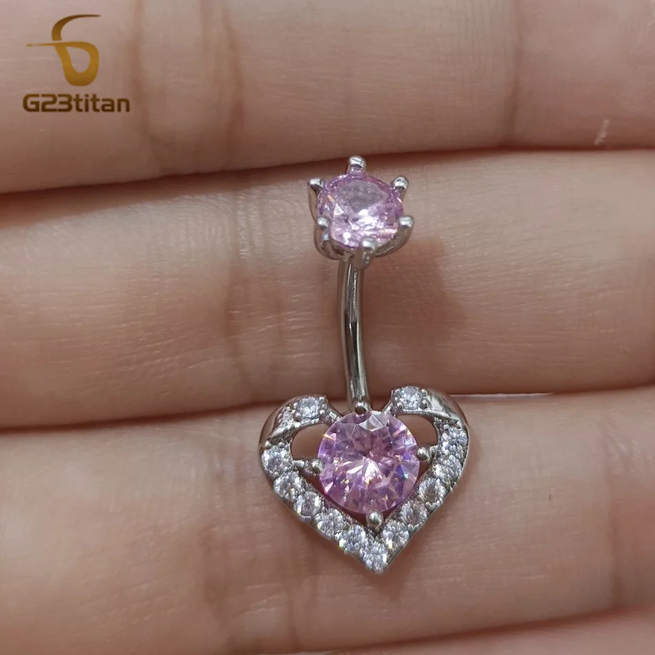 G23Titan 14G Piercing Pink Zircon Heart Navel Ring Surgical Titanium Steel Ombligo Shiny Cartilage Body Women Jewelry Gifts