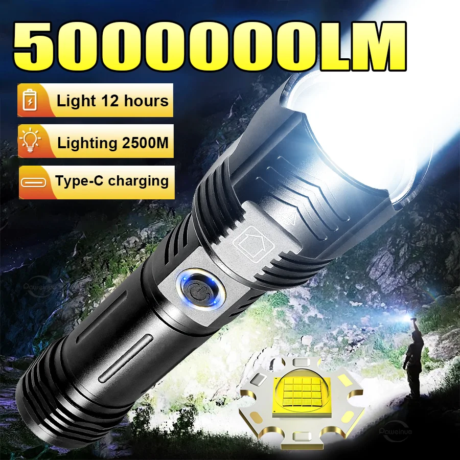 

Фонарик сверхвысокой мощности XHP340, светодиодный мощный фонарик 18650, перезаряжаемые светодиодные фонарики, 5 режимов, уличный фонарь для работы, кемпинга
